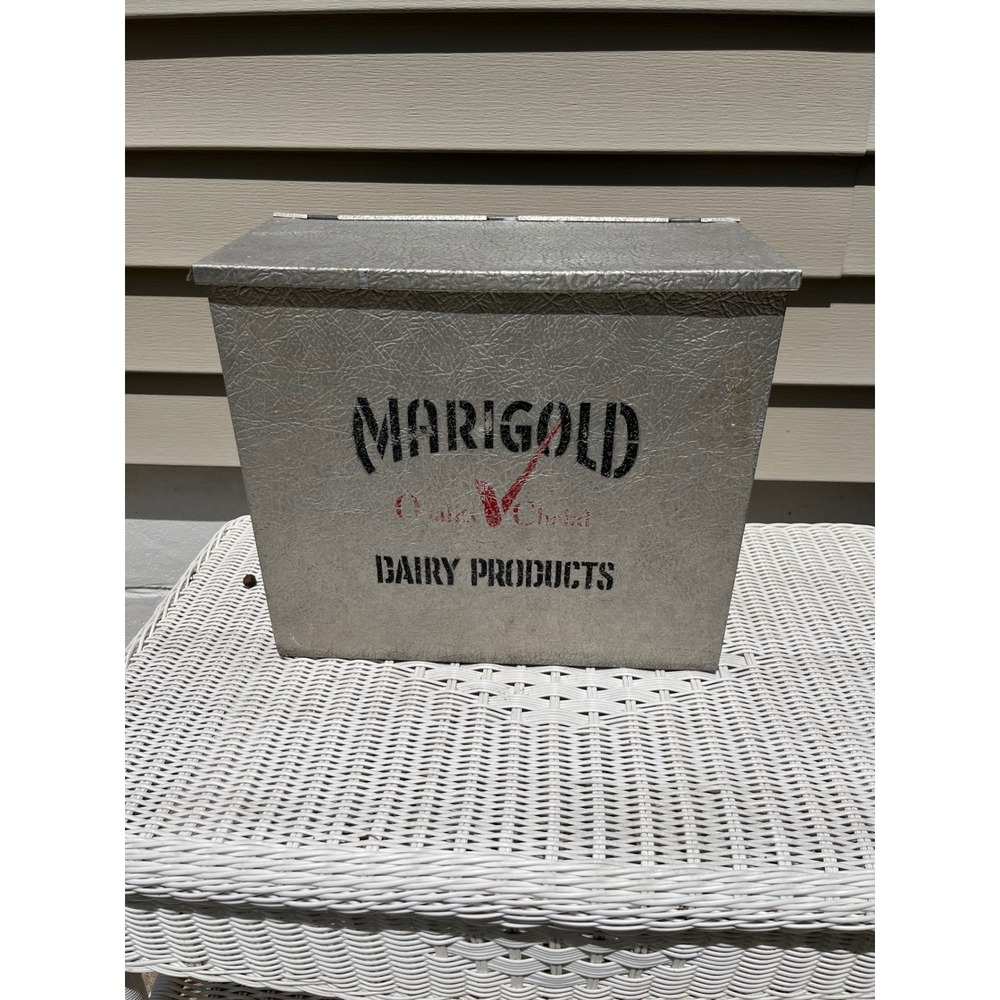 Vintage Marigold Dairy Products Galvanized Metal Porch Milk Box Delivery Crate